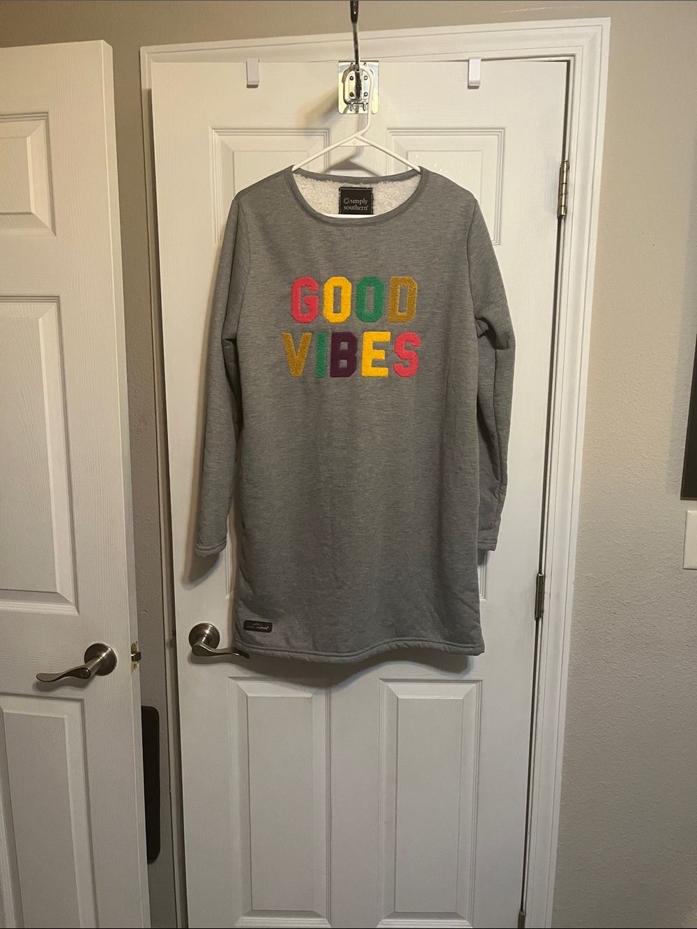 Simply Southern Gray Long Sleeve Dress with Multicolor GOOD VIBES